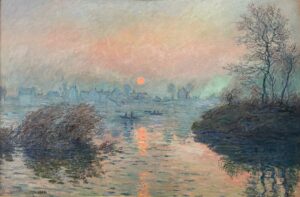 Soleil couchant sur la Seine à Lavacourt, effet d’hiver Claude Monet