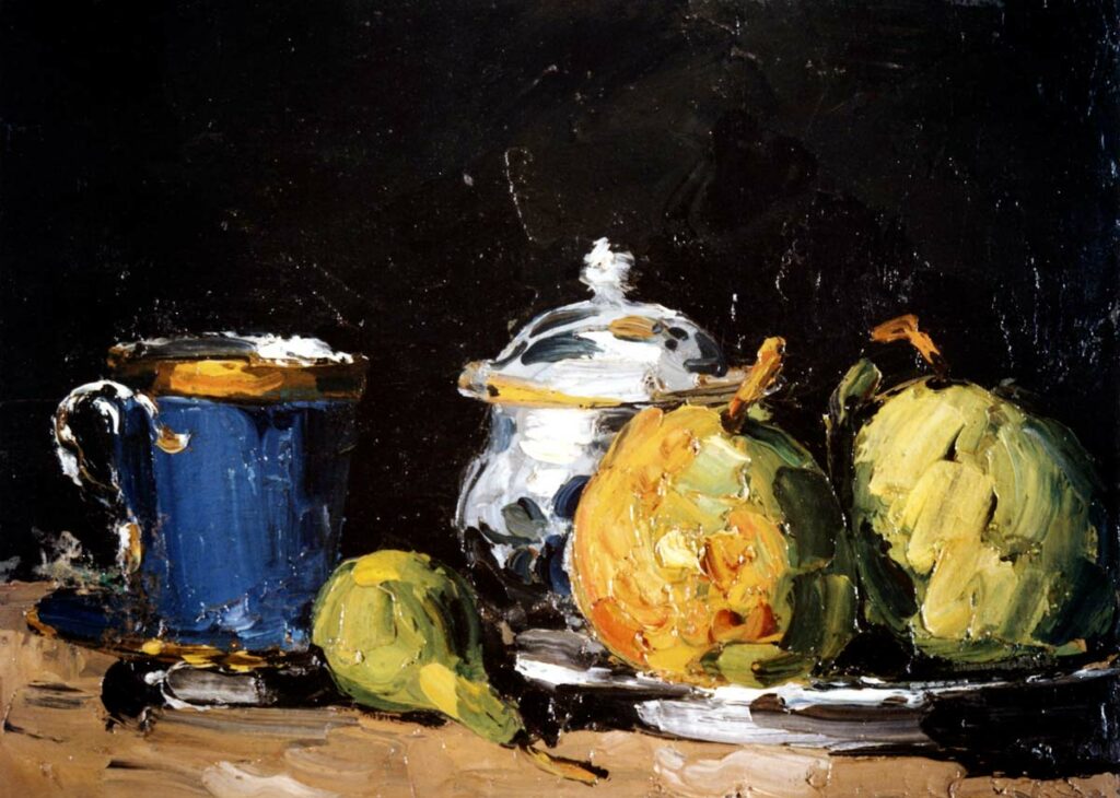 Nature morte, sucrier, poires et tasse bleue Paul Cézanne tableau