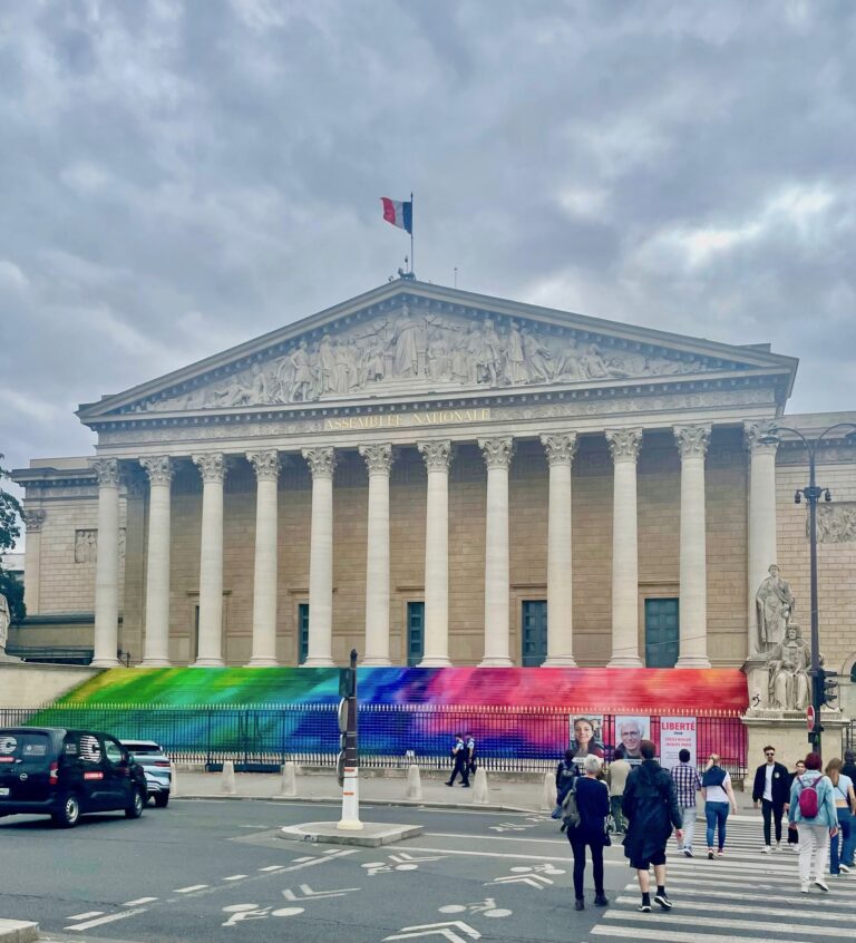 L’imposante façade du Palais Bourbon en août 2025, avec Echo, une installation d' Elsa Tomkowiak sur les marches © Soraya Patel De Zorzi